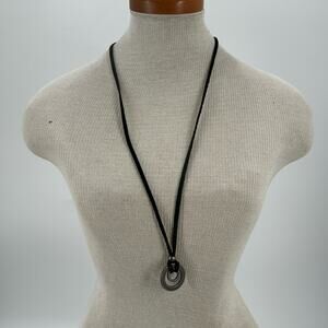 Gray double hoop and black leather 32 inch necklace